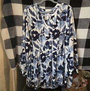 Denim&Co Navy and White Floral Long Sleeve Dress